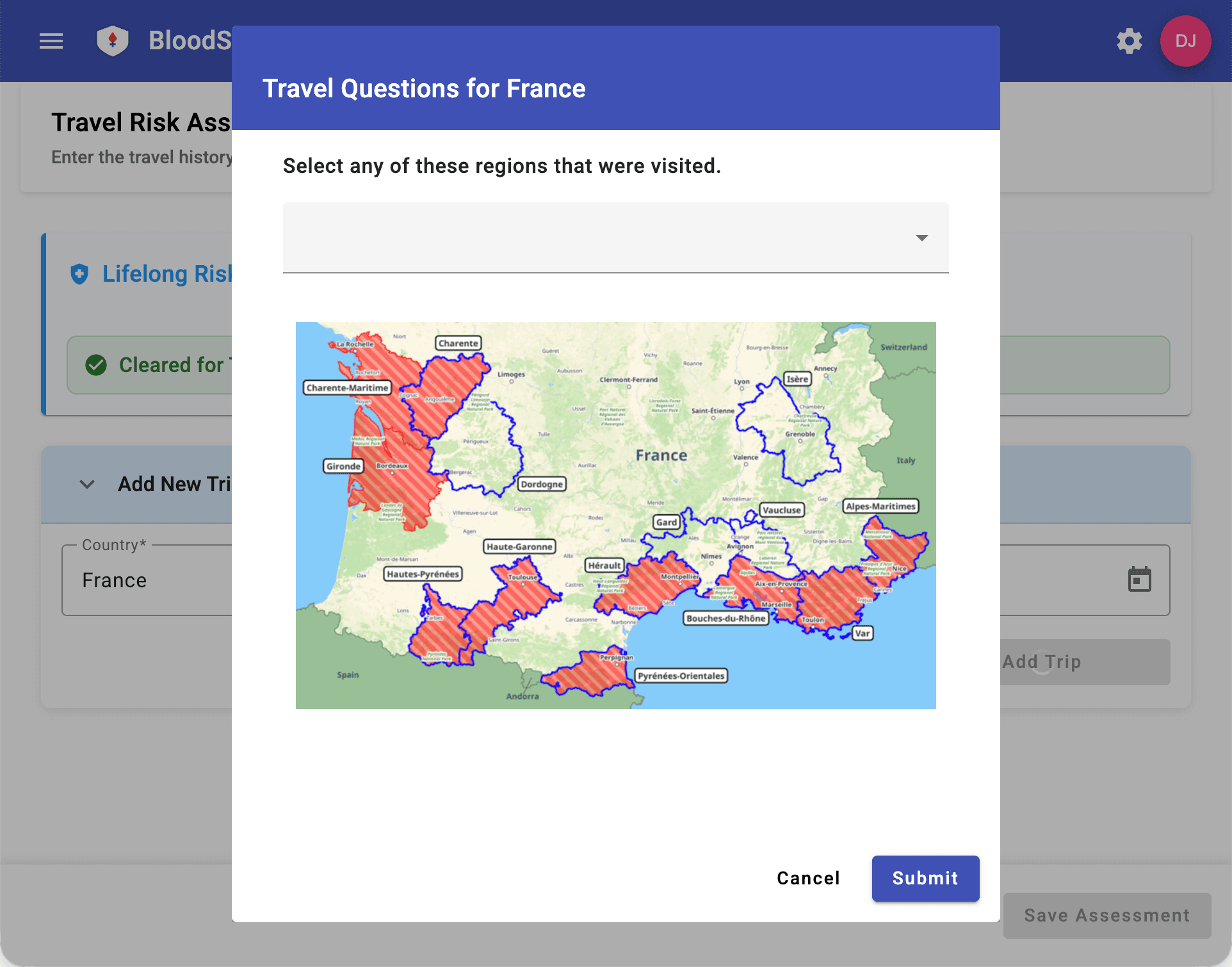 Interactive regional risk map for France showing selectable high-risk and low-risk areas