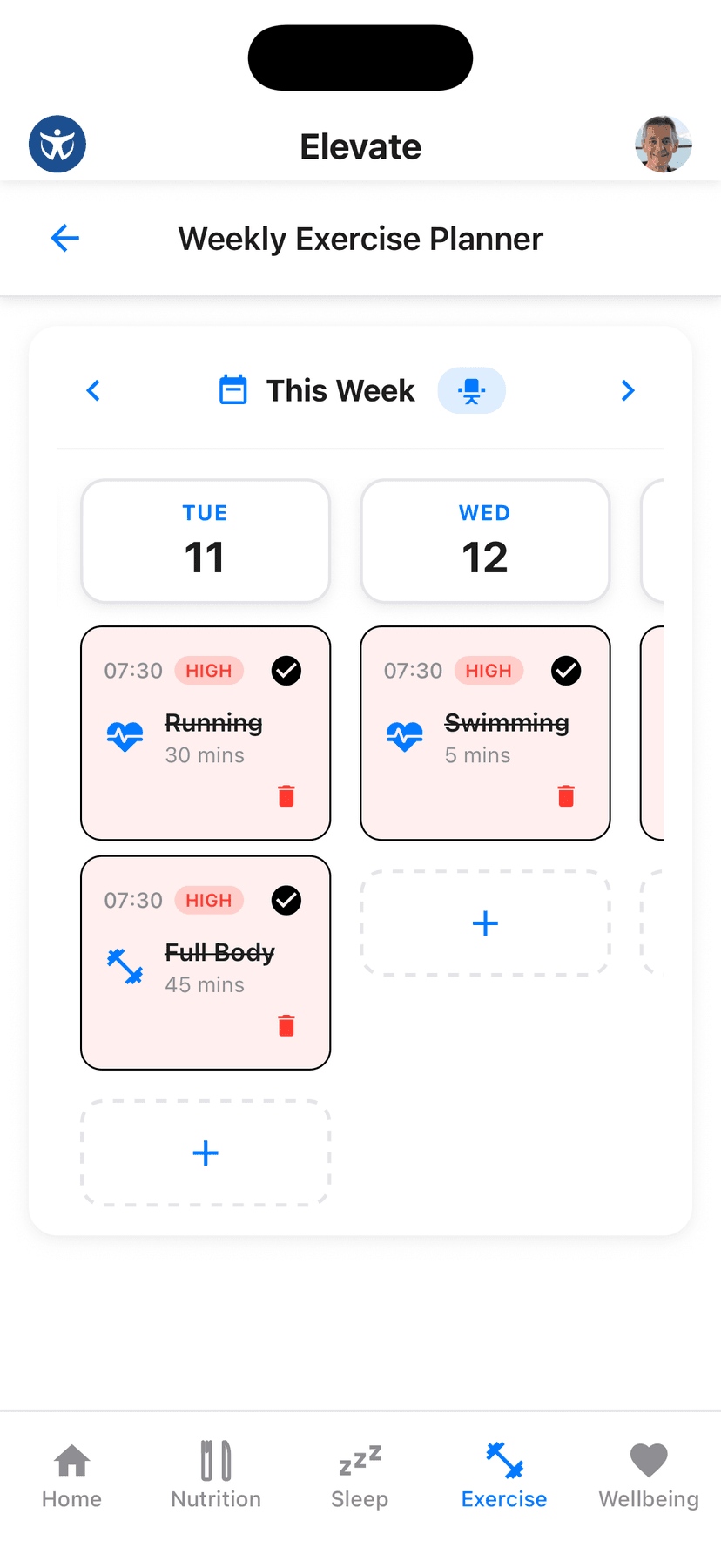Elevate exercise tracking page showing workout programs and activity logging