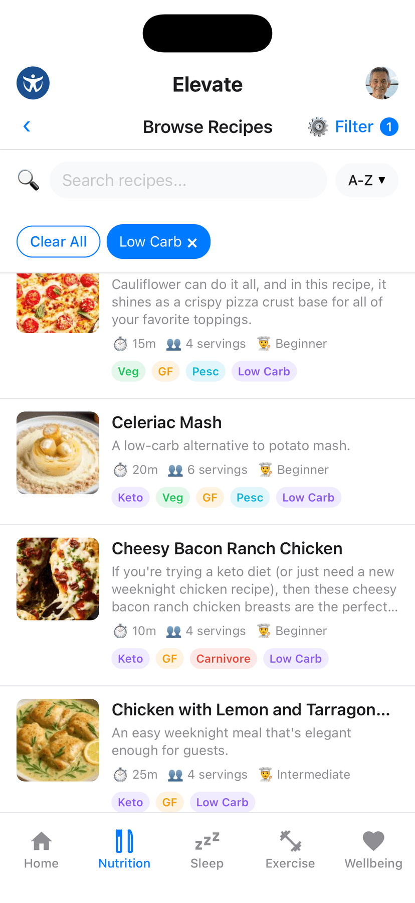 Elevate recipes page showing personalized meal plans with nutritional information